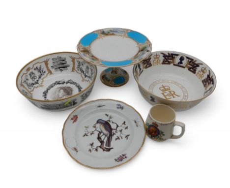 A Meissen plate painted with a bird in a tree, a Copeland tazza painted with Loch Lomond, Brig o Turk and Kilchurn Castle, to