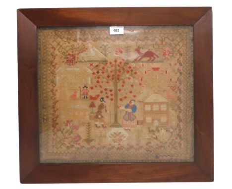 An early-Victorian needlework sampler, dated 1844, depicting two figures beneath a tree, flanked by a country house and a ste