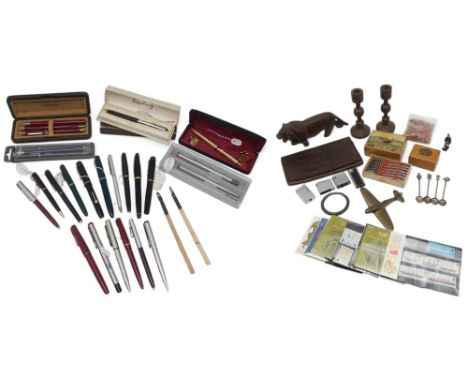 Mixed collectables, to include a selection of fountain and ballpoint pens (with Parker and Cross examples), an Art Nouveau em