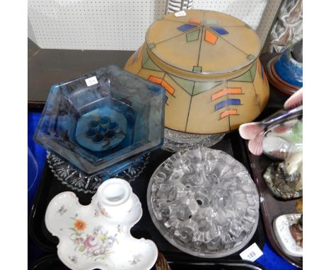 An oversized flower brick, blue cloud glass dish, stand and brick, glass light shade etc Condition Report:No condition report