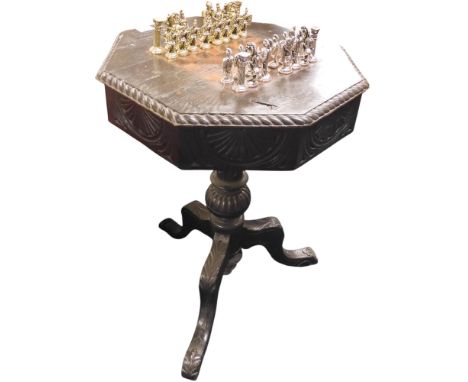A 19th century stained oak octagonal topped games table on tripod base, 72cm high x 54cm wide x 53cm deep Condition Report:Av