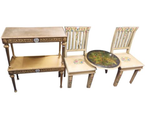 A mixed lot to include pair of 20th century Louis XVI style giltwood occasional tables, pair of floral painted hall chairs an