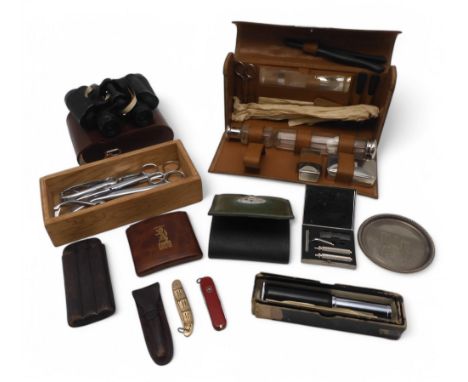 A mixed lot, to include a leather-cased pair of Carl Zeiss Jena 8x30W binoculars, a boxed Otis King's Patent cylindrical calc