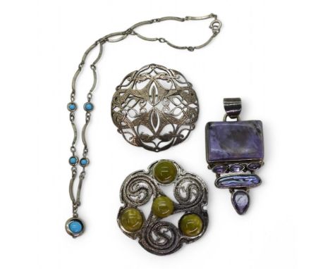 A silver Celtic knot brooch by Douglas Scott, Edinburgh, together with&nbsp;pearl and amethyst pendant, a vintage Hollywood b