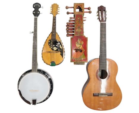 A decorative F. DE MUREDA Neapolitan mandolin, a Glarry five sting resonator banjo and a Yamaha C40 classical guitar (3) Cond