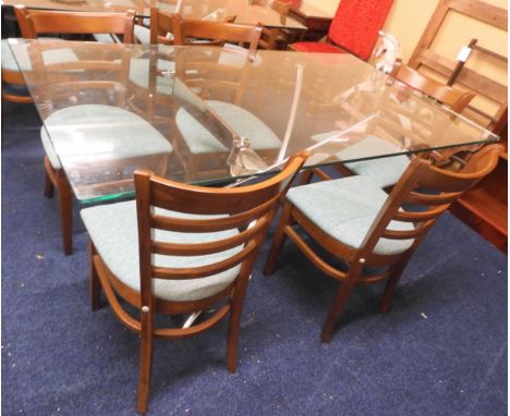 A lot comprising a contemporary glass topped chrome based dining table, 77cm high x 160cm long x 90cm deep and five stained b