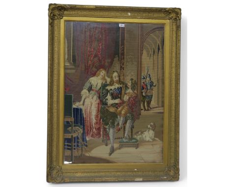 A large needlework tapestry depicting King Charles I bidding farewell to his children, housed in a gilt gesso frame measuring