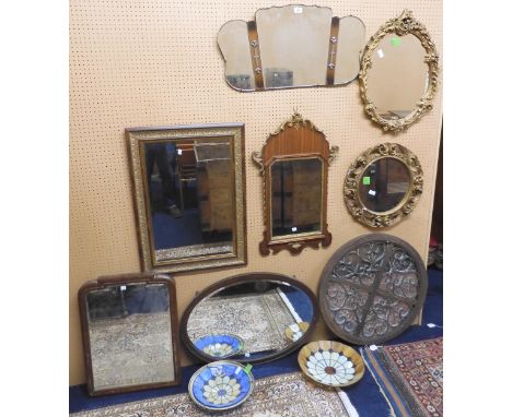 A lot to include eight assorted 20th century wall mirrors of varying styles and sizes and two assorted stained glass light sh