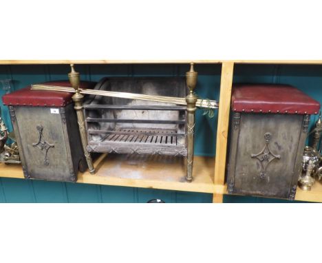 A lot comprising a 19th century brass and wrought iron fire basket, two fender stools, assorted stair rods and a cast iron do