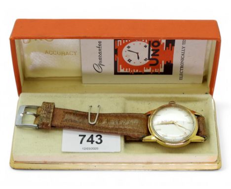 A gents gold plated Uno Sea Lord watch, with red arrow second hand, diameter 3.3cm, in original box with booklet Condition Re