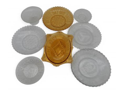 Assorted pressed glass plates and dishes including American themed George Peabody, Declaration of Independence, U.S. Grant; a