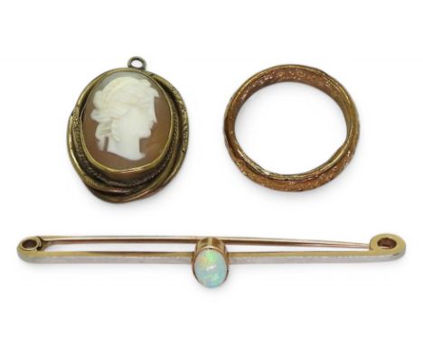 A yellow and white metal brooch set with an opal, weight 4gms, together with a gold plated ring and cameo pendant Condition R