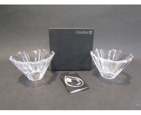 Two Orrefors signed, 14cms, crystal bowls - one boxed