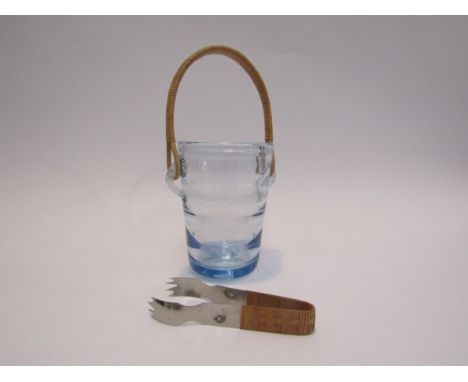 A Per Lutken designed Holmegaard ice bucket with cane handle and tongs, base engraved Holmgaard with number 8715, 26cm high o
