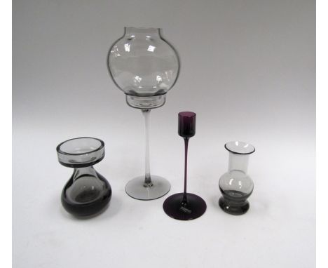 A Wedgwood glass "Devon" range candlestick (quite rare item) label to base.  A "Sandringham" candle holder in purple, label t