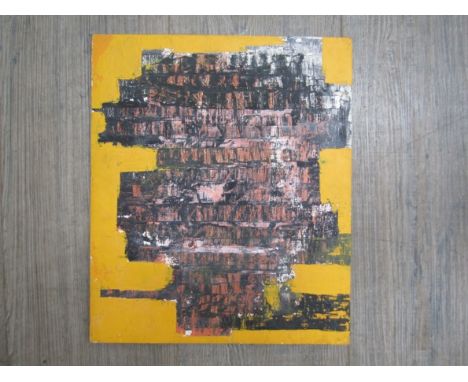 K J APPLEBY: Original abstract oil on board "Slum City", unframed, signed and dated by the artist to the reverse, 34cm x 29cm