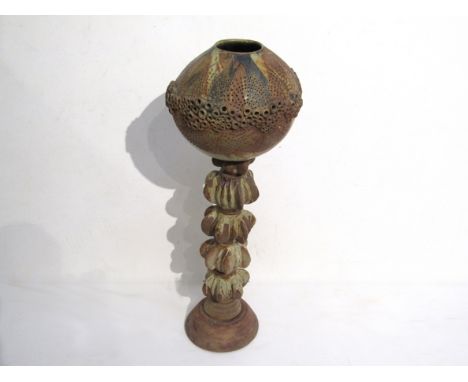 BERNARD ROOKE (b.1938) A studio pottery totem standard lamp with moulded, pierced and applied decoration, 96cm high 