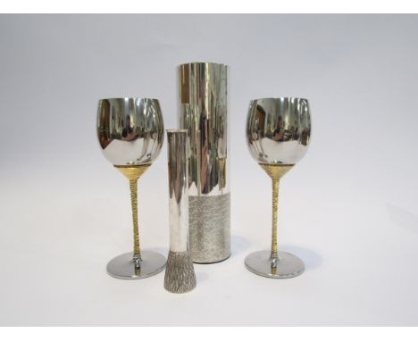 A pair of Stuart Devlin plated goblets and similar styled textured vases, tallest, 22cm 