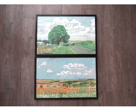 After David Hockney : Two framed art prints of contemporary landscapes, 37cm x 56cm  