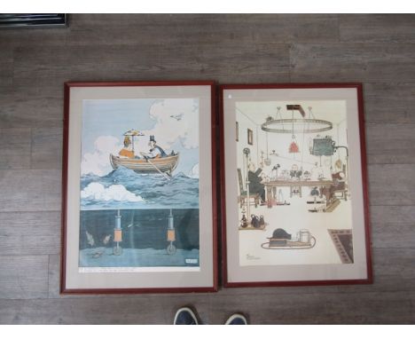 After William Heath Robinson (1872-1944):Two framed vintage art prints "One of Margates new anti-mal-de-mer boats" and "The D