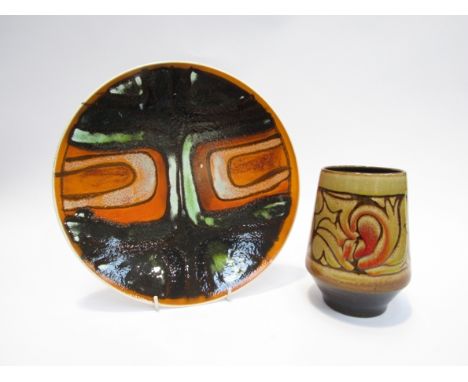 Poole Pottery Delphis range charger with blue dolphin mark to reverse and a Poole Pottery Aegian range vase. 26.5cm diameter 