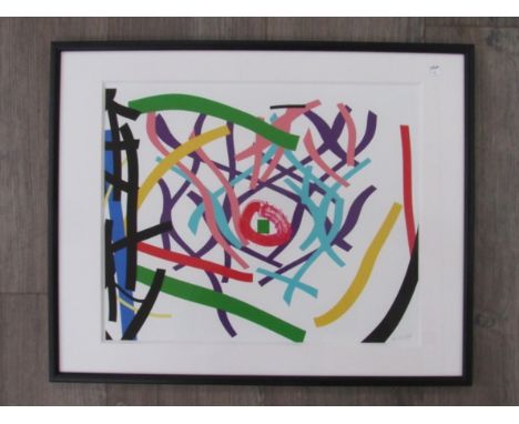 A framed and glazed print of abstract colourful lines, signed 'Nelson' 1/1, 31 cm x 38cm 