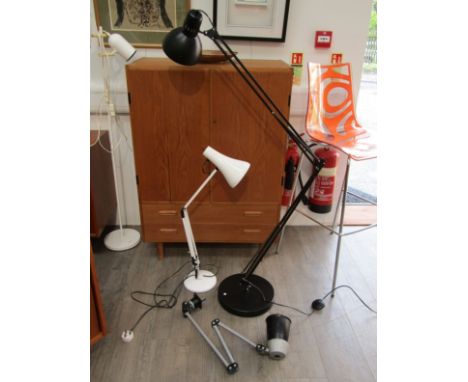 A white Anglepoise model 90 (label in shade) lamp, a black Anglepoise type floor lamp and a grey industrial lamp (3)