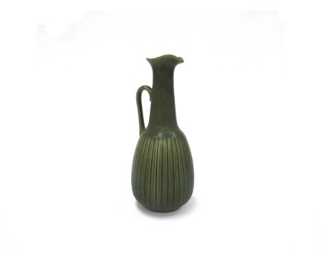 Gunnar Nylund for Rosenthal - A ceramic ewer with speckled green glaze, incised vertical line body. Printed marks to base and