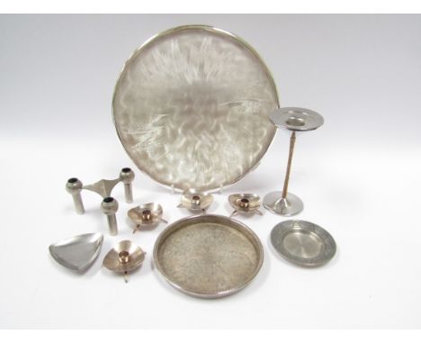 A collection of stainless steel and other metal wares including Stuart Devlin Viners candlestick, Cohr taper holders, WMF dis