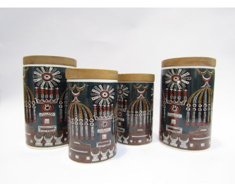 Four Portmeirion 'Magic City' pattern canisters, two at 21cm high and two 17.5cm high 