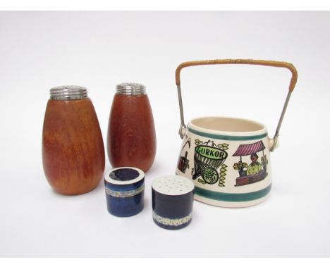 A pair of Swedish K.Holmberg sugar sifters, a pair of Royal Copenhagen pepper pots and a Swedish Halsingborg ceramic pot.