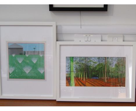 A collection of four framed prints after David Hockney (b.1937) of varying sizes, set in white frames 