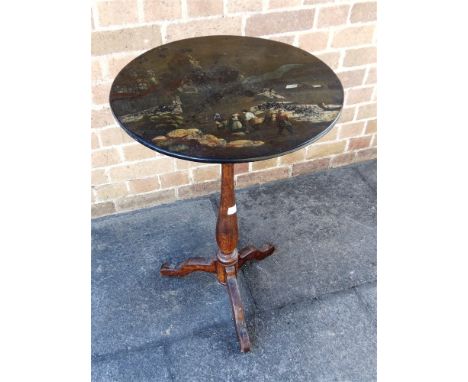 A TILT-TOP OCCASIONAL TABLE  the circular papier mache top with painted decoration of figures in a landscape, 46cm diameter, 