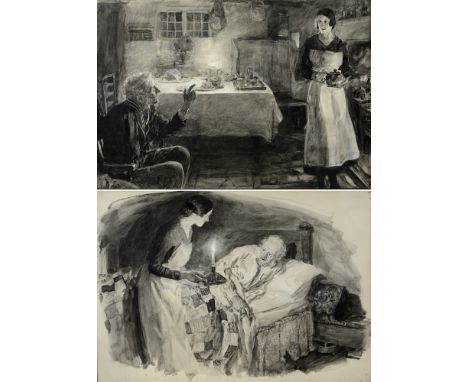 WILLIAM HATHERELL (BRITISH, 1855-1928)  Elderly Man and Housekeeper in a Lamp-Lit Kitchen; and Elderly Man and Housekeeper in