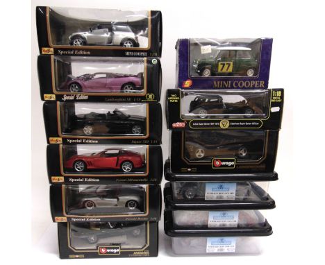 TWELVE 1/18 SCALE DIECAST MODEL CARS  by Bburago and others, including an Anson Lotus Super Seven / Caterham Super Seven, nin