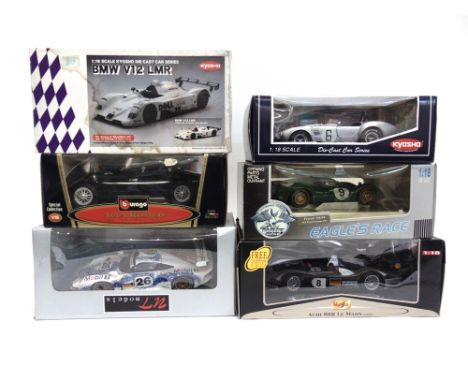 SIX 1/18 SCALE DIECAST MODEL CARS  by Kyosho (2), Eagles Race (1), and others, each boxed. 