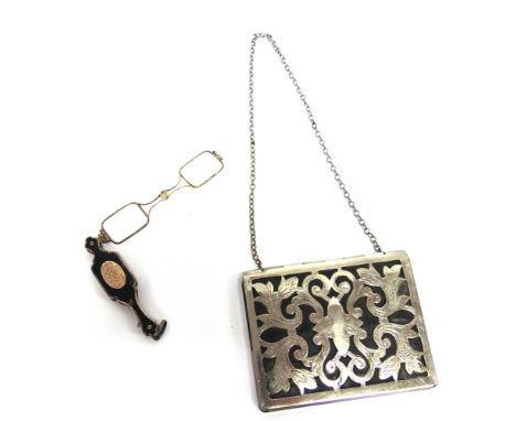 A GILT METAL AND TORTOISESHELL LORGNETTE with a metal evening purse