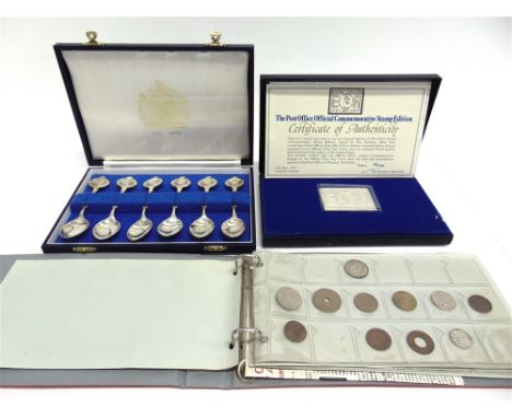 COINS - ASSORTED GREAT BRITAIN & OTHER  in a small binder; together with a 1977 Danbury Mint Post Office Commemorative Silver