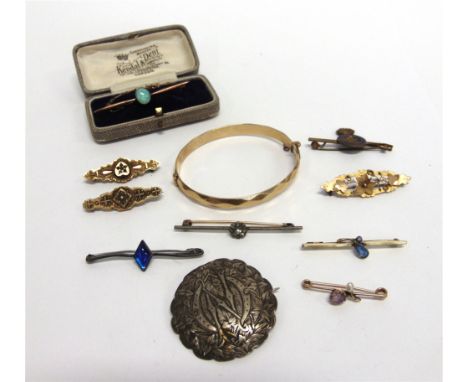 AN OPAL BAR BROOCH stamped '9ct', cased with an unmarked gem set bar brooch; three 9 carat gold brooches; a gilt metal hinged