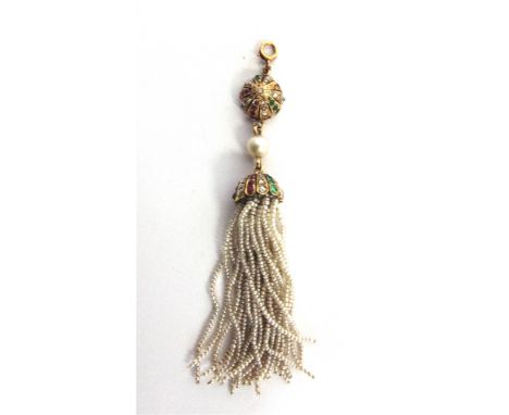 A GEM SET AND PEARL TASSLE PENDANT the doomed top piece set with rose cut diamonds, cabochon rubies and emeralds, below is a 