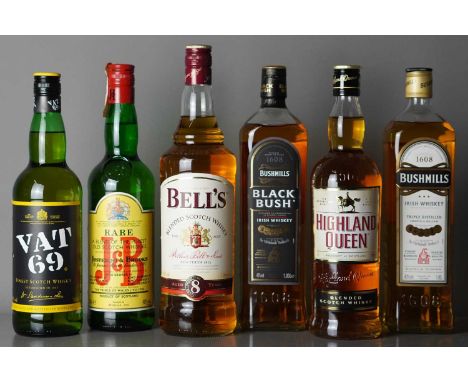 Bell's Scotch Whisky 1L, Bushmills Irish, 1L, Black Bush Irish, IL, and three other 70cl bottles. VAT 69 finest Scotch Whisky
