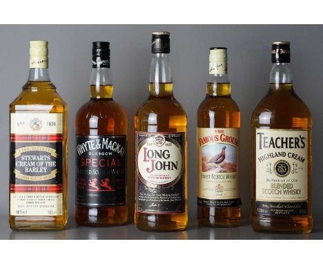 Stewart Cream of the Barley Blended Scotch Whisky. 1lt, together with Long John Blended Whisky 1lt, Teacher's Highland Cream 