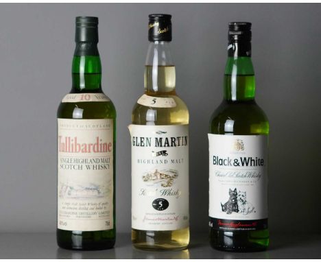 Tullibardine Single Highland Scotch Whisky. Aged 10 years 70cl, together with Black &amp; White 70cl and a Glen Martin Highla
