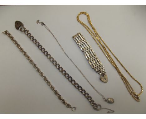 Silver gate bracelet , silver rope twist chain , silver charm bracelet , silver necklace and pendant and a silver guilt chain