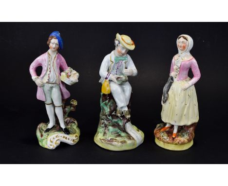 Staffordshire Hand Painted Early Figures ( 3 ) In Total. From The 19th Century. Comprises Male and Female Figure In Pink Jack