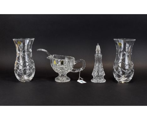 Bohemia Crystal Vinegar Bottle with silver plated top original box, jug and ladle and a pair of matching tulip vases 8 inches