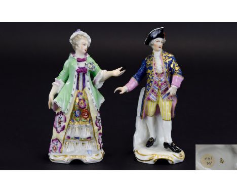 Samson - Derby Late 19th Century Fine Pair of Small Hand Painted Figures In The Chelsea Style of a Gentleman and Lady In 18th