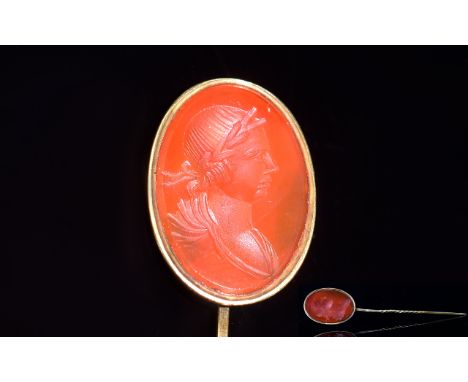 Georgian Period Very Fine Quality 19th Century - Oval Shaped Carnelian Intaglio Set Gold Stick Pin. Seal Engraved with a Clas