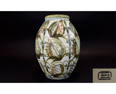 Denby Pottery Very Large - Ovoid Shaped Stoneware Hand Painted Vase ' Leaves ' Designed by Glynn Colledge, From The Glyndebou