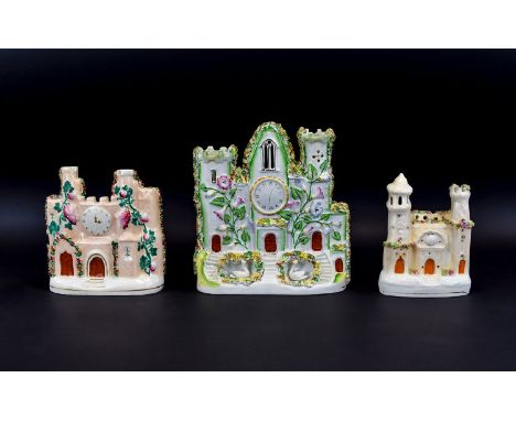 Staffordshire - Nice Quality Mid 19th Century Multi-Coloured Pastille Burners ( 3 ) In Total. Comprises 1/ Castle with Clock 